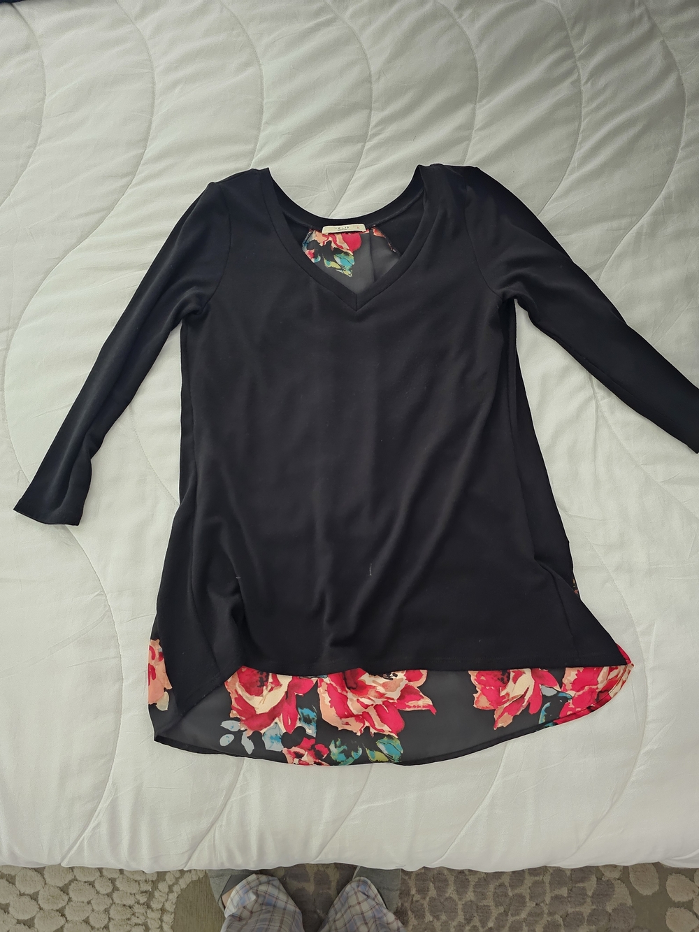 Le Lis Black V-Neck Tunic with Floral Hem